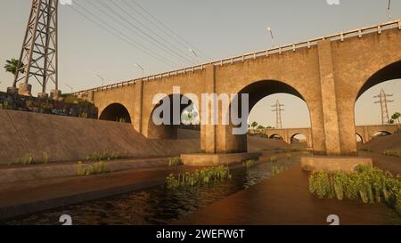 Sentiero in cemento lungo un canale urbano che passa sotto un ponte ad arco. Rendering 3D. Foto Stock