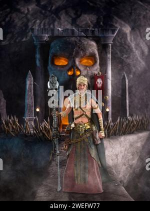 Fantasy Necromancer o stregone magico nero in piedi su un ponte di pietra verso una grotta con un ingresso del cranio scolpito in alto in una montagna. Illustrazione 3D. Foto Stock
