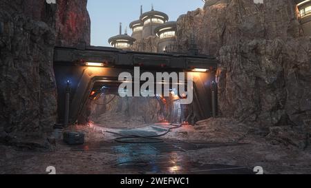 Fantascienza fantasy aliena posteggia la stazione spaziale in un paesaggio roccioso di montagna. Illustrazione 3D. Foto Stock
