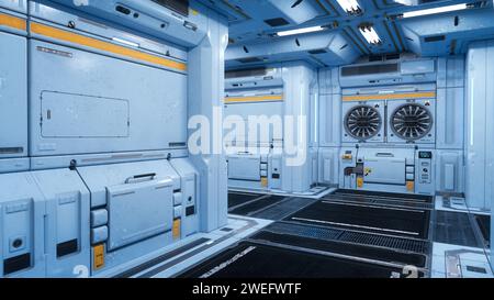 Corridoio interno di un futuristico edificio industriale cyberpunk. Rendering 3D. Foto Stock