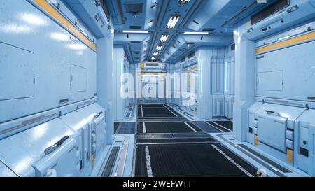 Corridoio all'interno di un futuristico edificio industriale di fantascienza con pareti metalliche blu chiaro. Illustrazione 3D. Foto Stock