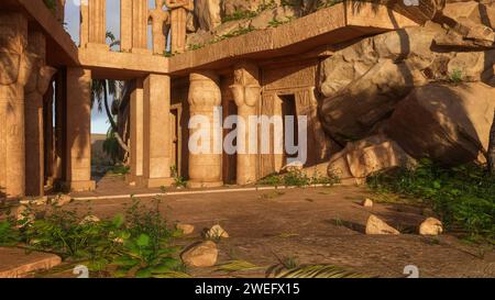 Ingresso a un antico tempio egizio o tomba costruita sul lato di una montagna. Illustrazione 3D. Foto Stock