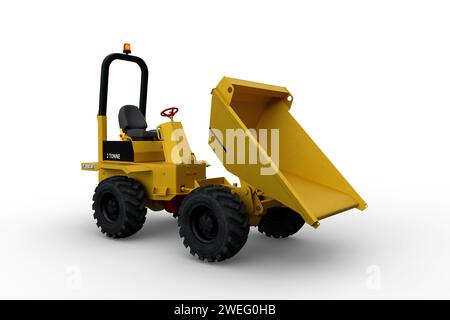 Dumper giallo da cantiere con benna ribaltata. Illustrazione 3D isolata su sfondo bianco. Foto Stock