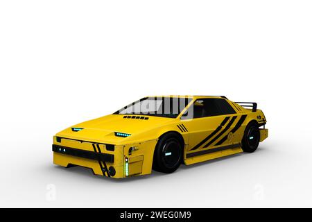 Illustrazione 3D di un'auto futuristica in stile cyberpunk giallo e nero isolata su uno sfondo bianco. Foto Stock