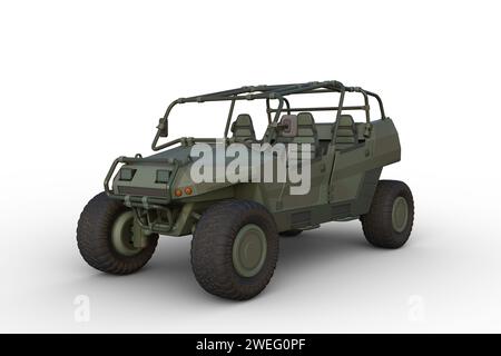 Illustrazione 3D di un veicolo militare All Terrain verde isolato su uno sfondo bianco. Foto Stock