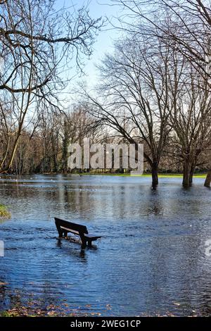 Un Manor Park allagato causato da tempeste invernali a Shepperton in un giorno d'inverno soleggiato Surrey, Inghilterra, Regno Unito Foto Stock