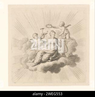 Vignetta con donna con Lier e due putti su una nuvola, Anonymous, 1778 stampa il putto a sinistra regge un elogio, mentre l'altro putto incorona la donna con una corona di alloro. vignettatura con incisione della carta. lire, cithara, salterio. cupidi: 'amores', 'amoretti', 'putti'. Seduto o in piedi su nuvole - AA - figura umana femminile. incoronare con laurel Foto Stock