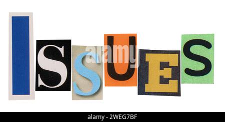 La parola si riferisce a lettere tagliate da riviste stampate, isolate su sfondo bianco Foto Stock