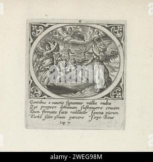 Quattro angeli tengono sotto controllo i quattro venti, 1585 stampa quattro angeli tengono sotto controllo i quattro venti con la loro spada. Nel mezzo, un angelo porta il sigillo di Dio sulla fronte di un membro di una tribù di Israele. In cima alle nuvole un angelo con una croce. Sotto lo spettacolo un riferimento in latino al testo della Bibbia in op. 7. Questa stampa fa parte di un album. incisione di carta i quattro venti sono trattenuti da quattro angeli. Sigillo delle tribù d'Israele, i 144 mila Foto Stock