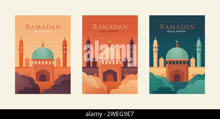 Ramadan Kareem. Modelli di biglietti d'auguri islamici con tempio della moschea, minareto durante la notte e il tramonto. Sfondo retrò, poster, volantini. Design moderno Illustrazione Vettoriale