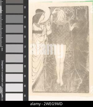 Donna bendata tra due figure, Mathieu Lauweriks, 1895 stampa Una donna con un panno sopra la testa si trova tra due figure. A sinistra una donna con una veste bianca che prende il suo velo. A destra un uomo in veste nera con una falce e una mazza. Uomo di carta trasparente tra il bene e il male Foto Stock