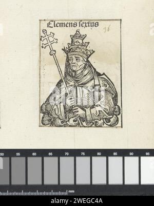 Tegenpaus Clemens VII, Michel Wolgemut (laboratorio di), 1493 stampa una sfida floreale con un papa. Indossa una tiara e ha uno staff con una doppia croce in mano. L'esecuzione fa parte dei papi di successione nel Liber Chronicarum. L'uomo identifica l'uomo come un contrapposto clemens VII (erroneamente chiamato Clemens vi nel titolo). La stampa fa parte di un album. carta letterpress stampa pope Foto Stock
