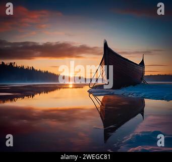 Una tranquilla barca riposa sulla costa al tramonto Foto Stock