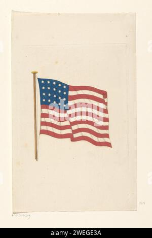 Bandiera americana, 1818, Anonimo, 1818 - 1820 stampa bandiera americana con venti stelle e tredici strisce. Il 13 aprile 1818, il Congresso degli Stati Uniti fissò la bandiera ufficiale. Questa bandiera era valida solo quest'anno. indicatore di incisione della carta, colori (come simbolo dello stato, ecc.) Stati Uniti d'America Foto Stock