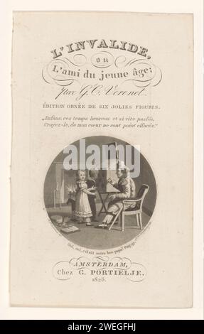 Interno con due bambini per una scatola di osservazione, 1826 stampare Un ragazzo e una ragazza davanti a una scatola di osservazione. Accanto alla credenza su una sedia c'è un uomo in uniforme, tira una corda che esce dalla credenza. Un incendio brucia sullo sfondo. carta peep-show. soldato privato Foto Stock