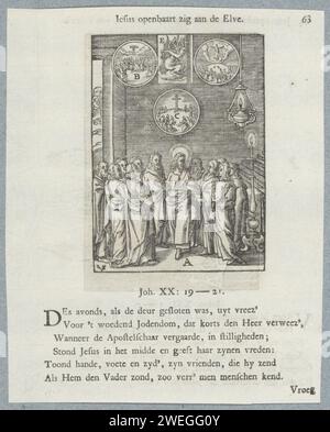 Cristo predice la venuta dello Spirito Santo, 1740 stampa Cristo si trova tra i suoi discepoli e racconta loro dell'arrivo dello Spirito Santo, del culto della croce, della sua Ascensione e dell'espulsione del diavolo. Qui usato come immagine di Cristo apparizione agli apostoli, dopo la sua risurrezione. Ci sono lettere con elementi diversi dalle prestazioni. Un titolo sopra lo spettacolo. Sotto sei versi e un riferimento a Johannes 20: 19-21. La stampa fa parte di un album. Carta da lettere che stampa "quando arriva lo Spirito della verità...". Cristo appare agli apostoli (riuniti dietro Locked Do Foto Stock