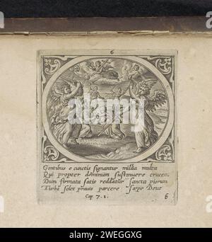 Quattro angeli mantengono i quattro venti sotto controllo, Adriaen Collaert (attribuito a), dopo Jan Snellinck (i), 1646 stampa quattro angeli mantengono i quattro venti sotto controllo con la loro spada. Nel mezzo, un angelo porta il sigillo di Dio sulla fronte di un membro di una tribù di Israele. In cima alle nuvole un angelo con una croce. Sotto lo spettacolo un riferimento in latino al testo della Bibbia in op. 7. Questa stampa fa parte di un album. incisione di carta i quattro venti sono trattenuti da quattro angeli. Sigillo delle tribù d'Israele, i 144 mila Foto Stock