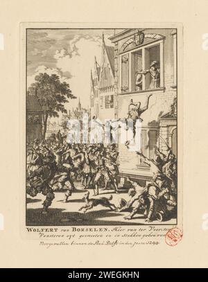 Wolfert van Borselen a Delft gettato fuori dalla finestra e ucciso, 1299, Jan Luyken, in o dopo 1698 stampa Wolfert van Borselen, signore di Veere, viene gettato fuori dalla finestra a Delft e ucciso dalla folla nell'anno 1299. carta. Incisione/incisione/linciaggio penna Delft Foto Stock