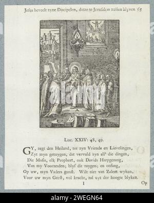 Cristo predice la sua morte e risurrezione, 1740 stampa Cristo racconta ai suoi studenti della sua morte e risurrezione. A sinistra sullo sfondo, Cristo si mostra dopo la sua resurrezione. L'Ascensione di Cristo può essere vista sulla destra attraverso la finestra. Lo spettacolo qui è stato usato come immagine di Cristo che dopo la sua risurrezione dice ai suoi studenti che dovrebbero rimanere a Gerusalemme. Ci sono lettere con elementi diversi dalle prestazioni. Un titolo sopra lo spettacolo. Sotto sei versi e un riferimento a Luca 24: 48-49. La stampa fa parte di un album. Carta letterpress stampa Cristo Foto Stock