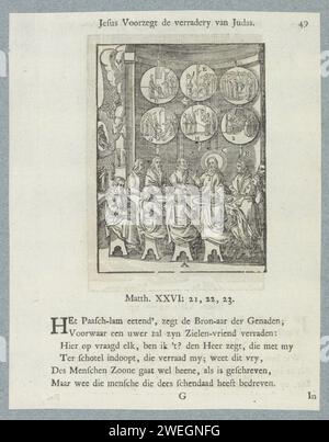 Cristo appare per l'ultima volta agli Apostoli, 1740 stampa Cristo appare sugli apostoli mentre mangiano. Li incolpa per la loro incredulità e testardaggine e li incarica di attraversare il mondo. Nei sei cerchi sopra il contenuto del Vangelo è raffigurato. Sullo sfondo si può vedere come Cristo è incluso nel cielo. Qui l'immagine è usata come rappresentazione dell'ultima cena dove Cristo prevede che uno dei suoi discepoli lo consegnerà. Ci sono lettere con elementi diversi dalle prestazioni. Un titolo sopra lo spettacolo. Sotto sei versi e un riferimento a Matteo 2 Foto Stock