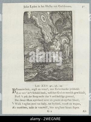 Cristo nella corte di Getsemane, 1740 stampa Cristo prega nella corte di Getsemane. Un angelo con un calice appare dal cielo. I suoi studenti dormono in sottofondo. Giuda e i soldati arrivano al cancello in lontananza. Ci sono lettere con elementi diversi dalle prestazioni. Un titolo sopra lo spettacolo. Sotto sei versi e un riferimento a Luca 22: 42-44. La stampa fa parte di un album. Tipografo di carta che stampa la preghiera di Cristo nel Giardino del Getsemani durante la notte Foto Stock