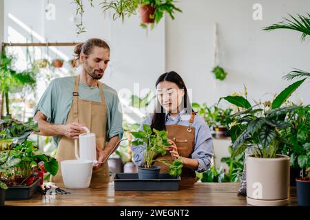 Due colleghi, uomini e donne che si prendono cura, annaffiano e reimpiantano vegetazione in vaso lavorando in team nel magazzino dello stabilimento. Foto Stock