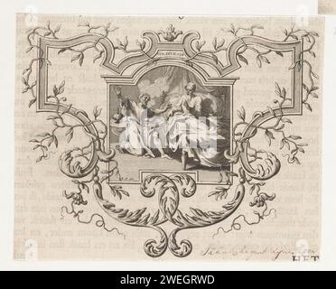 Esaù con suo padre Isaac, Anonimo, dopo Bernard Picart, 1683 - 1733 stampa Esaù getta le mani in alto quando viene da suo padre Isaac e sente che la benedizione è già stata data a suo fratello Jakob. Nel mezzo di un riferimento al testo biblico nel Gen. 27:34. Lo spettacolo è preso in una lista ornamentale. Incisione/stampa di carta Esaù cerca la benedizione di suo padre; Isaac si rende conto di aver erroneamente benedetto Giacobbe invece di Esaù Foto Stock