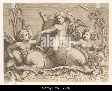 Tre putti con i delfini, Adamo Scultori, dopo Giulio Romano, c. 1540 - c. 1585 cupidi stampati su carta: 'amores', 'amoretti', 'putti'. mammiferi da bagno: delfini Foto Stock