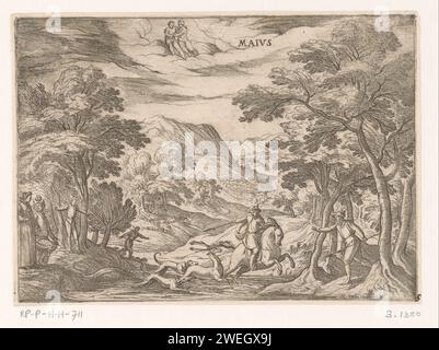 Maggio: Caccia (gemelli), Antonio tempesta, 1575 - 1613 stampa paesaggio che raffigura il mese di maggio. Paesaggio con cacciatori e cani da caccia a caccia di cervi. Al centro del simbolo per i gemelli della costellazione. Gemini incisione carta (segno zodiacale di maggio). Paesaggio che simboleggia maggio. caccia a cervi. Cacciatori a caccia (N.B.: Nel 1988-1990 questa notazione denotava il concetto di 43C11421 "cacciatori che riposano durante la caccia") Foto Stock