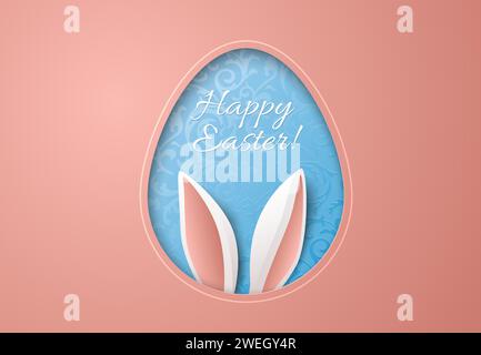 Biglietto d'auguri di Pasqua con cornice a forma di uovo tagliata in carta con orecchie a coniglio, motivo floreale blu e scritta Happy Easter. Sfondo rosa pastello Illustrazione Vettoriale