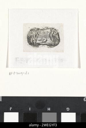 Aprile, c. 1625 - c. 1700 stampa attività umane nel mese di aprile. Gli agricoltori lavorano sulla terra. A destra un uomo e una donna riccamente vestiti. In alto a sinistra il toro del segno zodiacale. Incisione cartacea di aprile e delle sue "fatiche". spandimento  coltivazione del terreno. Toro (segno zodiacale di aprile) Foto Stock