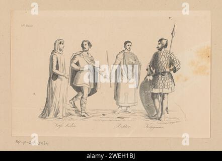 Uomo, donna, giudice e guerriero in abbigliamento del X secolo, Anonimo, 1857 stampa numerata in alto a destra: V. vestiti di carta, costume. armatura Foto Stock