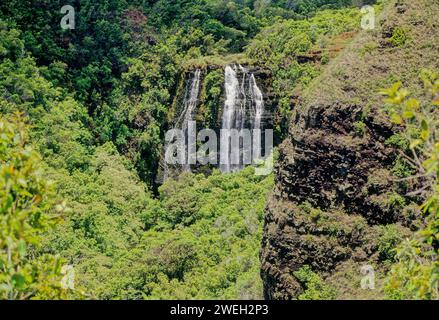 Le cascate di ʻŌpaekaʻa sono una cascata situata sul torrente ʻŌpaekaʻa nel Wailua River State Park, sul lato orientale dell'isola hawaiana di Kauai. Foto Stock