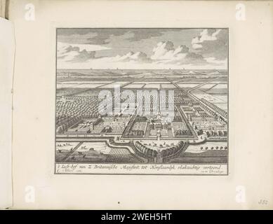 Vista del Palazzo Honselaarsdijk a Vogelvlucht, stampa 1689 - 1702 Vista del Palazzo Honselaarsdijk in poche parole. Sullo sfondo le dune e il Mare del Nord. La stampa fa parte di un album. palazzo di incisione di carta. Vista dall'alto  rappresentazione dell'edificio Palazzo Honselaarsdijk Foto Stock