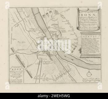 Assedio di Bonn, 1703 - 1733 stampa assedio della città tedesca di Bonn da parte degli Alleati dal 5 maggio e presa dopo la resa dei francesi il 15 (o 16) maggio 1703. Mappa con una mappa dei rinforzi intorno alla città e delle posizioni delle truppe assedianti. Con testi in olandese e francese. La stampa fa parte di un album. mappe cartaceo delle città. Assedio, posizione guerra Bonn Foto Stock