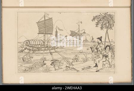 Navi cinesi a vela in una baia e uccelli acquatici da pesca, 1727 - 1775 stampa paesaggio con una barca a vela con germi a remi sull'acqua. Uccelli acquatici che pescano in primo piano. A destra due figure sotto una palma. La stampa fa parte di un album. Carta con incisione cinese. uccelli acquatici. corso d'acqua. barca a vela, barca a vela Foto Stock