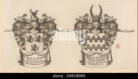 Rand d'armi di una mappa dell'Alblasserwaard e del Vijfheerenlanden (Deel), anonimo, 1716 stampa Foglia con due stemmi. A sinistra quella di Johan Johansz. Hallincg (1660-1728), sindaco di Dordrecht e consiglio dell'acqua del Consiglio dell'acqua dell'Alblasserwaard e del Vijfheerenlanden. Sulla destra quella di Pieter Willemsz. Brandwijk van Blokland (? -1731), Signore libero di Blokland, Vro Gereedschap van Dordrecht e Consiglio dell'acqua del Consiglio dell'acqua dell'Alblasserwaard e del Vijfheerenlanden. Parte del bordo delle armi della seconda edizione di "Den Alblasser Waard e Vyf Heeren Landen, Foto Stock