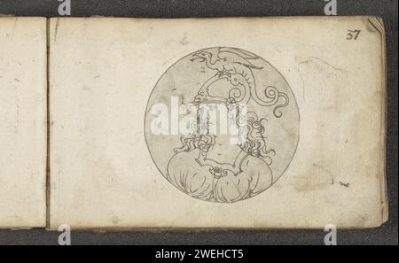 Medaglione con minerva, 1551 - 1650 stampa Medaglione con un'immagine di una donna imbracata con un drago sul suo casco, probabilmente intesa come la dea Minerva. La stampa fa parte di un album. Incisione su carta (storia di) Minerva (Pallas, Athena) Foto Stock