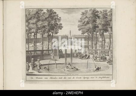 Fontana di Ercole nel giardino di Paleis Het Loo, stampa 1702 Vista della fontana di Ercole con la grande fontana (Koningssprong) e l'anfiteatro dietro di essa. La stampa fa parte di un album. Giardino francese o architettonico con incisione di carta; giardino formale. Fontana ornamentale Palace Het Loo Foto Stock