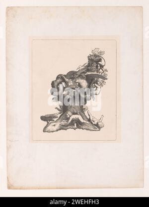 Albero con bambini e animali, Willem Hendrik Stam, 1841 - 1874 stampa su un albero, i bambini si arrampicano e giocano e ci sono vari animali come un serpente, un'aquila, un gufo e un coniglio. carta. alberi. animali. giochi e giochi per bambini Foto Stock