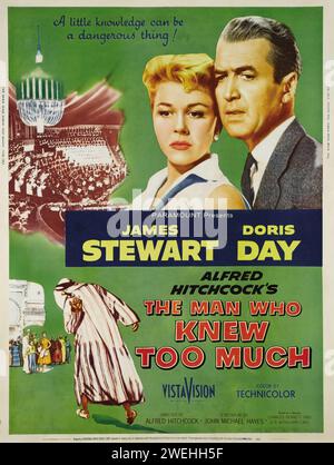 Poster del film d'epoca - l'uomo che sapeva troppo (Paramount, 1956) James Stewart e Doris Day - diretto da Alfred Hitchcock Foto Stock