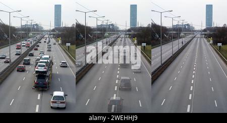 Il traffico sul Mittlerer Ring vicino allo Stadio Olimpico scompare misteriosamente, simbolo di una domenica senza auto, torre o 2 sullo sfondo, Uptown, Monaco di Baviera Foto Stock