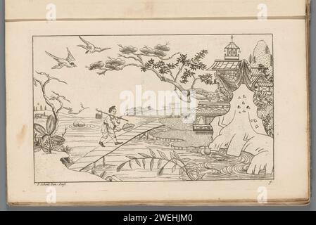 Figura cinese sul ponte sul fiume, 1727 - 1775 stampa Una figura cinese cammina con una valigia su un bastone sopra la spalla e con una foglia in mano sopra un ponte sopra un fiume. Edifici sulla destra sulla riva. La stampa fa parte di un album. Carta incisione cinese (+ donne). corso d'acqua Foto Stock