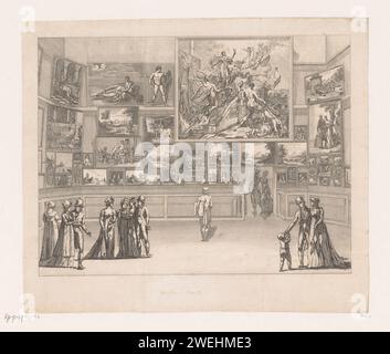 Vista di una galleria di dipinti con quattordici figure nel Musée du Louvre, Antoine Maxime Monsaldy, carta stampata 1800 - 1801 incisione "gemalte Galerie". immagine, pittura. Mostra permanente, museo del Louvre Foto Stock