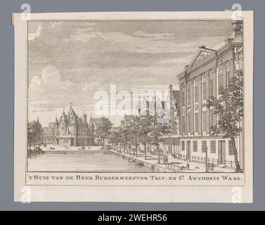 Vista del Kloveniersburgwal con il Trippenhuis e il Waag sul Nieuwmarkt, Anonimo, 1726 canali di incisione/incisione su carta stampata, acque (in città). pesa. Alloggi urbani Trippenhuis. Kloveniersburgwal. Waag sul Nieuwmarkt Foto Stock