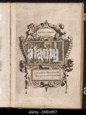 L'incredibile Tommaso, Anonimo, dopo Pieter van der Borcht (i), dopo Georg Pencz, c. 1570 - c. 1610 stampa Unbelieving Thomas Touches Christ. Parte di un Prentalbum con stampa del titolo e 56 scene del nuovo Testamento. Ogni esibizione è montata in un'incisione con cartigli ornamentali in cui viene tagliata una finestra e fornita di passaggi della Bibbia scritti a mano. Incisione su carta di Tommaso che tocca o tende le mani per toccare la ferita del fianco di Cristo, a volte Cristo guida la mano di Tommaso Foto Stock