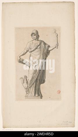 Immagine di Vigilantia (Vigilance) sul retro del Municipio in Piazza Dam, Hubert Quellinus, dopo Artus Quellinus (i), stampa del 1663 immagine di Vigilantia, la personificazione della vigilanza, sulla destra sul timpano sulla facciata posteriore (lato ovest) del Municipio in Piazza Dam ad Amsterdam. Sulla testa un casco, un gallo ai piedi. In una mano un libro, nell'altra una torcia in fiamme. In basso a destra contrassegnato: X. incisione/attenzione incisione su carta; "guardia", "supervisione", "supervisione per difendersi e opporsi agli altri" (Ripa) (+ personificazione). Attributi di Aesculapius: Foto Stock