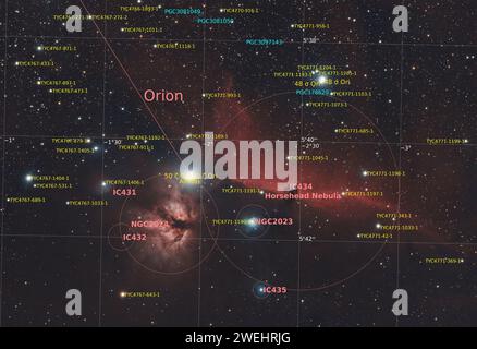 Un'immagine della nebulosa della testa del cavallo e della nebulosa della fiamma attraverso il mio Orion ED80T CF, con Canon 700D e SkyWatcher EQ5pro Mount Foto Stock