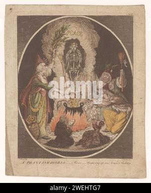 Cartoon on the Peace of Amiens, 1802, C. Starcke, dopo James Gillray, 1802 - 1803 stampa Cartoon on the Peace of Amiens, 1802, presentato qui come un sacrificio britannico alla Francia. Uomini di stato inglesi come le tre streghe di Macbeth di Shakespeare preparano una bevanda magica in una caldaia. Un telaio "pace" si alza dai fumi della caldaia. Numerato in alto a destra: N. 1. macchie di carta estrazione, bollitura (in un calderone); cucina delle streghe. (Scene tratte da) opere specifiche di letteratura (con AUTORE, titolo). caricature politiche e satire Foto Stock