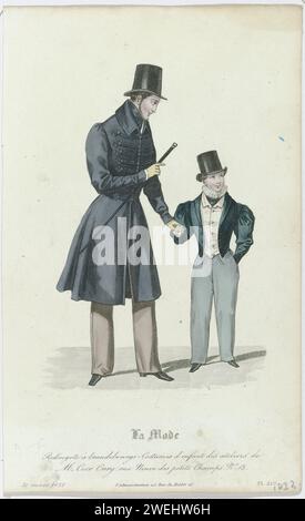 Fashion, 31 marzo 1832, PL. 219: REDINGOTE in Brandenbourgs-Costumes (...), 1832 Redingote con Brandebourgs. Pantaloni lunghi. Accessori: Cappello, guanti, bastoncino da passeggio, scarpe con tacco e nasi quadrati. Il costume del ragazzo viene dallo studio di M.Cior-Cury. Giacca, gilet e pantaloni lunghi. Colletto pieghettato. Cappello alto. Scarpe con nasi quadrati. Stampa dalla rivista di moda la Mode (1829-1855), copia su PL. 2967, 15 Mars 1832, da Journal des Dames et des Modes, Parigi, 1797-1839. lastre di moda per incisione in carta acciaio. abbigliamento da collo  (+ abiti da uomo). pantaloni, pantaloncini, ecc. (PANTALON) (+ me Foto Stock